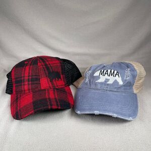 Mama Bear Hat Bundle Women OS Red Blue Snapback Trucker Cap‎ Flannel Lot Of 2